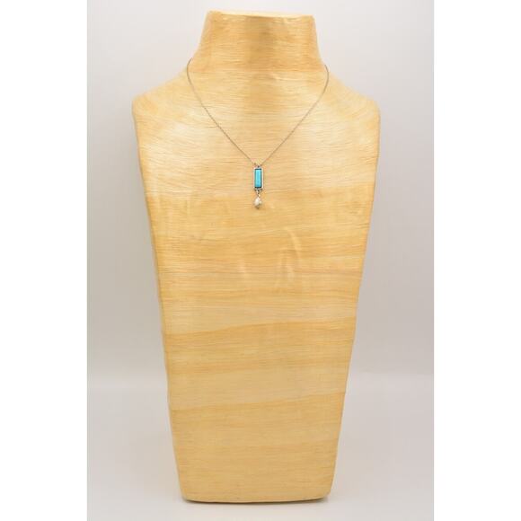 Cabochon Pendant Necklace Silver Tone Chain Faux Turquoise Inlay Dangle Bin7A - Picture 8 of 12